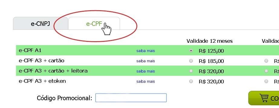 Página de produtos do webdanfe selecionando a aba do produto e-CPF